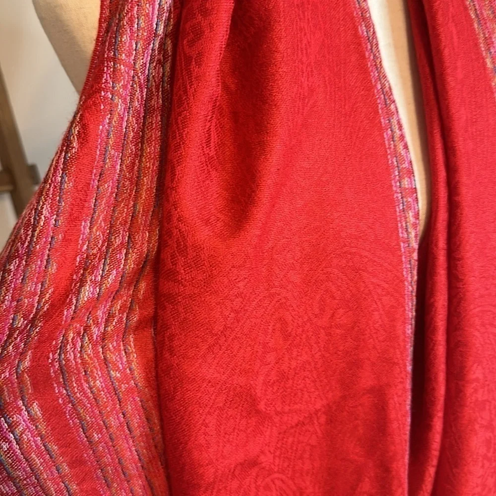 Soft Red Scarf with Striping and Fringe- Viscose and Acrylic Blend